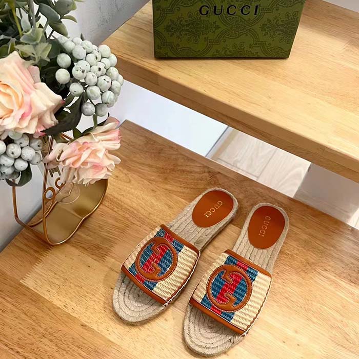 Gucci Unisex GG Interlocking G Espadrille Natural Raffia Leather Round Flat Sandal