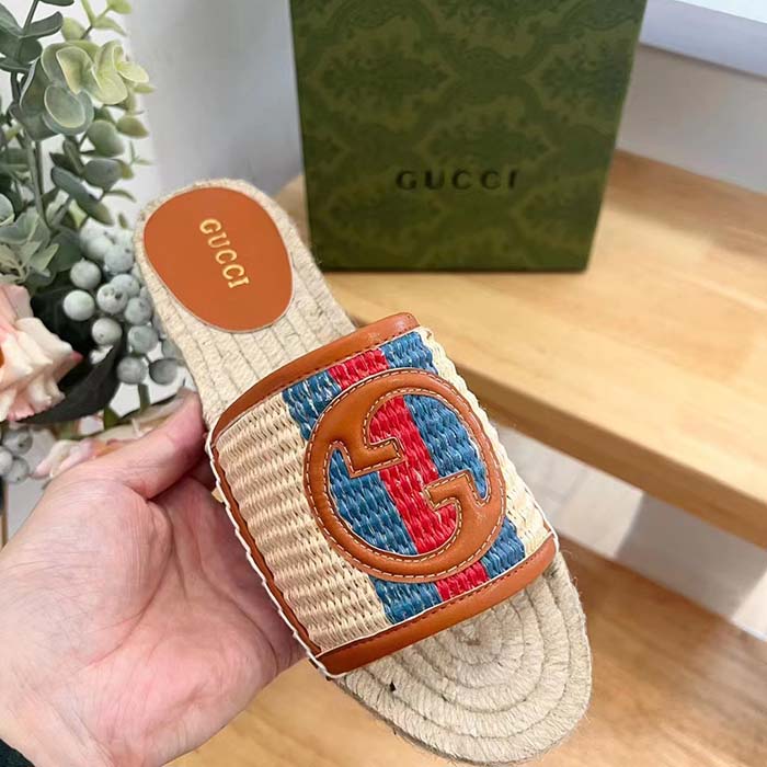 Gucci Unisex GG Interlocking G Espadrille Natural Raffia Leather Round Flat Sandal