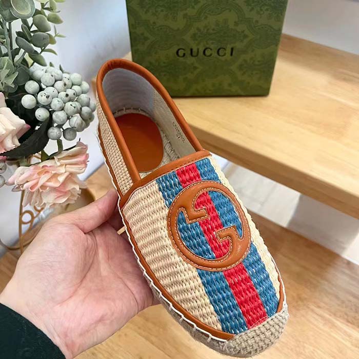 Gucci Unisex GG Interlocking G Espadrilles Natural Raffia Brown Leather Round Toe Flat