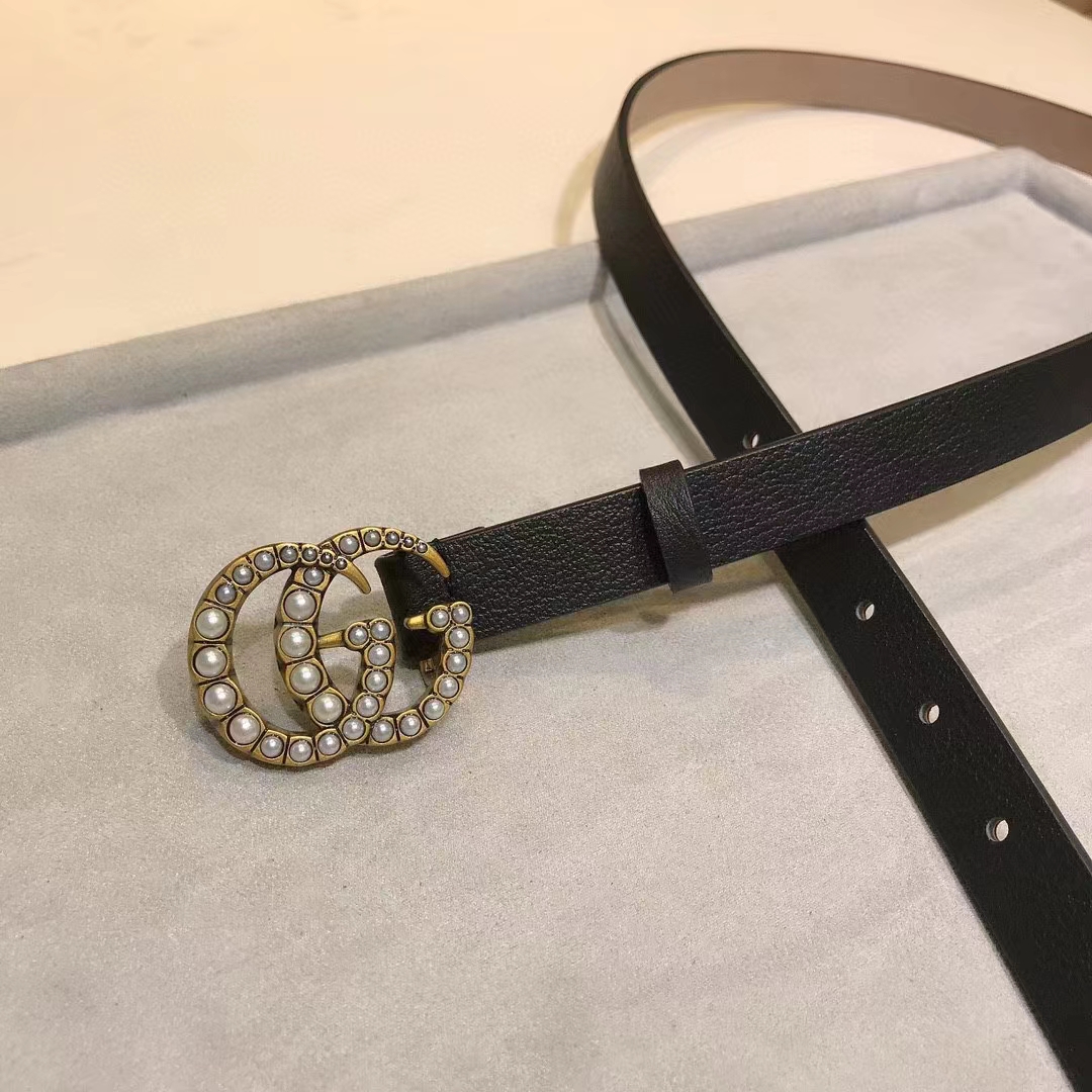 Gucci Unisex GG Leather Belt Pearl Double G Buckle Black 2 CM Width