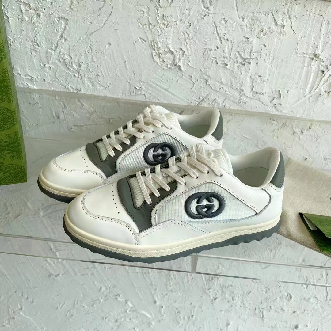 Gucci Unisex GG MAC80 Sneaker Off White Grey Leather Round Toe Rubber Flat