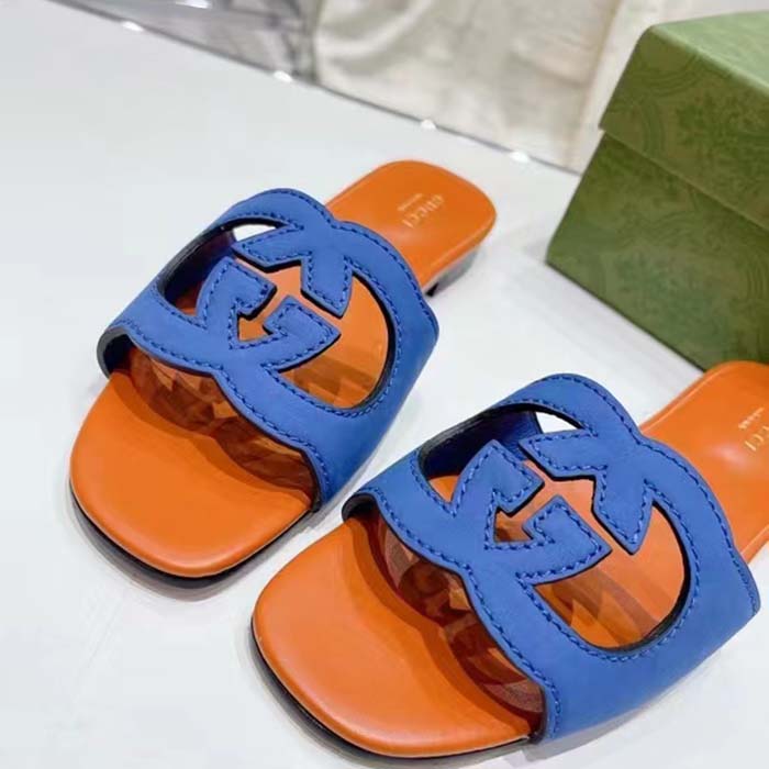 Gucci Unisex Interlocking G Cut-Out Slide Sandal Blue Orange Suede Flat
