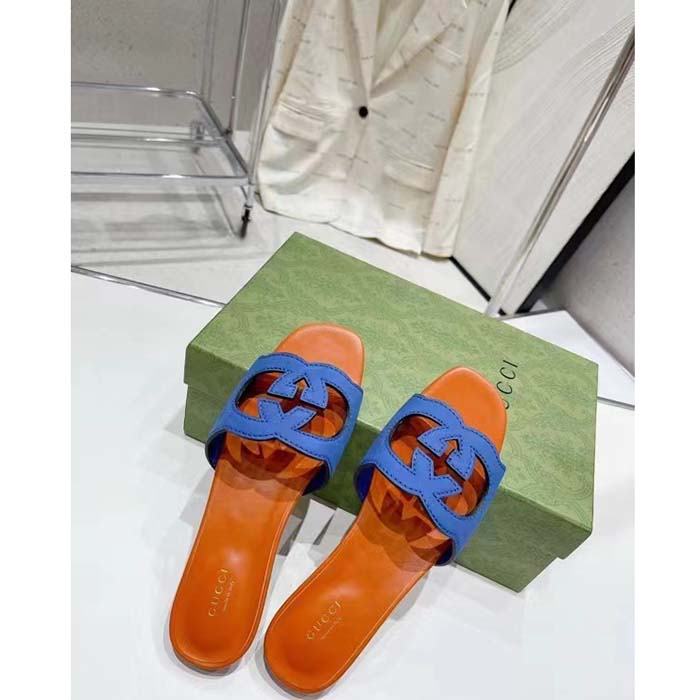 Gucci Unisex Interlocking G Cut-Out Slide Sandal Blue Orange Suede Flat
