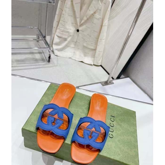Gucci Unisex Interlocking G Cut-Out Slide Sandal Blue Orange Suede Flat