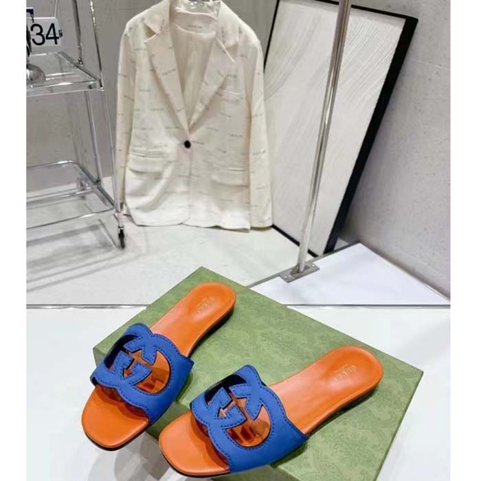 Gucci Unisex Interlocking G Cut-Out Slide Sandal Blue Orange Suede Flat