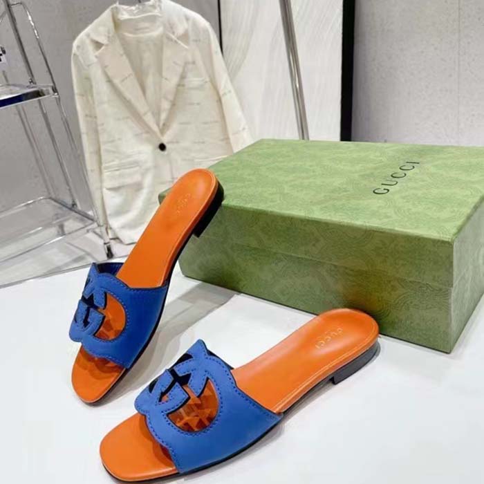 Gucci Unisex Interlocking G Cut-Out Slide Sandal Blue Orange Suede Flat