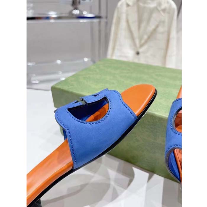 Gucci Unisex Interlocking G Cut-Out Slide Sandal Blue Orange Suede Flat