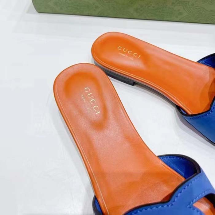 Gucci Unisex Interlocking G Cut-Out Slide Sandal Blue Orange Suede Flat