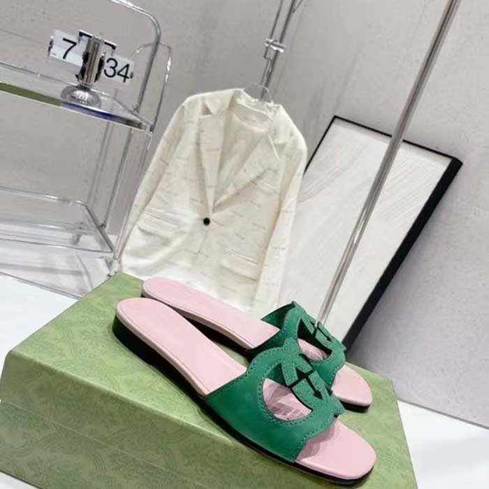 Gucci Unisex Interlocking G Cut-Out Slide Sandal Green Pink Suede Flat