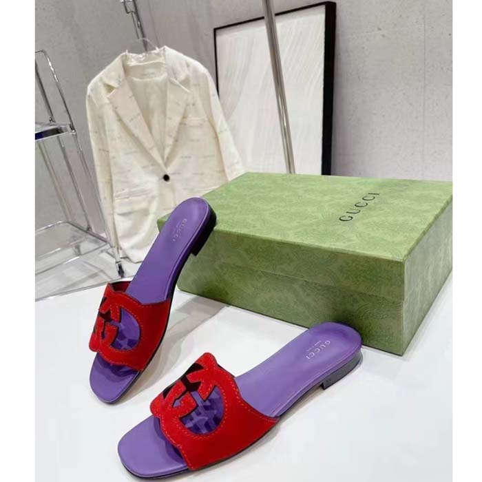 Gucci Unisex Interlocking G Cut-Out Slide Sandal Red Purple Suede Flat