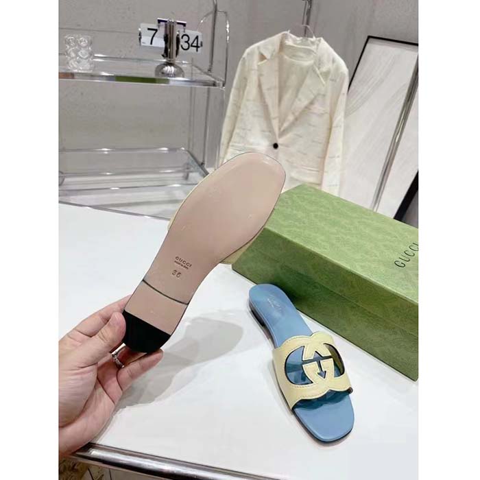 Gucci Unisex Interlocking G Cut-Out Slide Sandal Yellow Light Blue Suede Flat