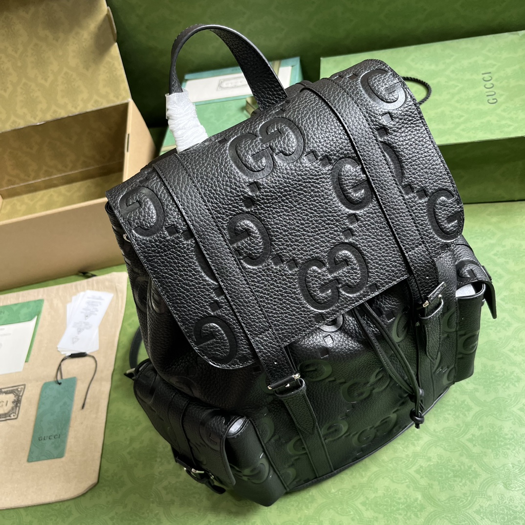 Gucci Unisex Jumbo GG Backpack Black Leather Cotton Linen Top Handle