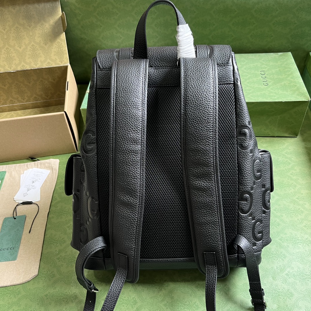 Gucci Unisex Jumbo GG Backpack Black Leather Cotton Linen Top Handle