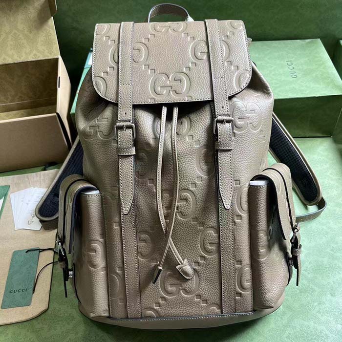 Gucci Unisex Jumbo GG Backpack Taupe Leather Cotton Linen