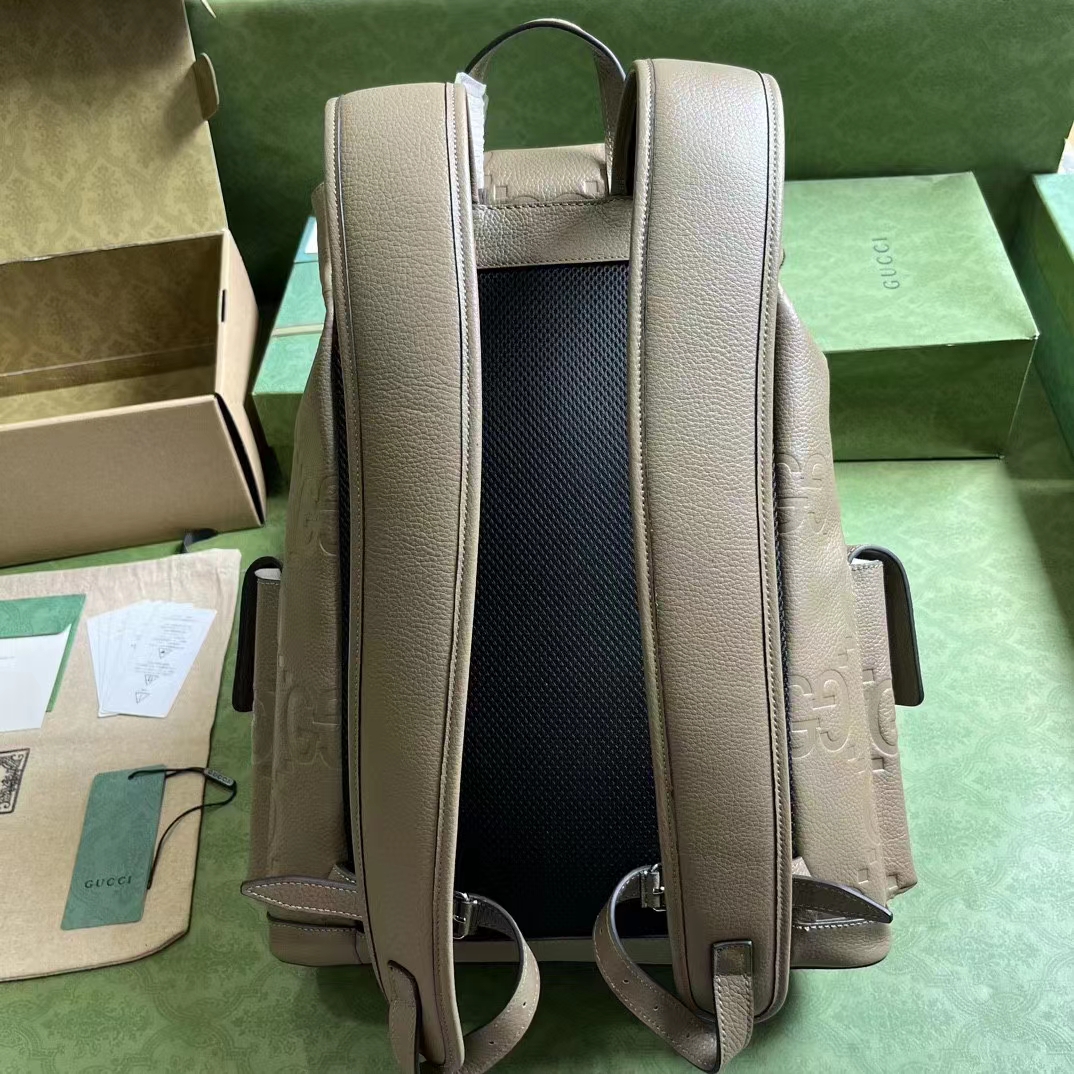 Gucci Unisex Jumbo GG Backpack Taupe Leather Cotton Linen
