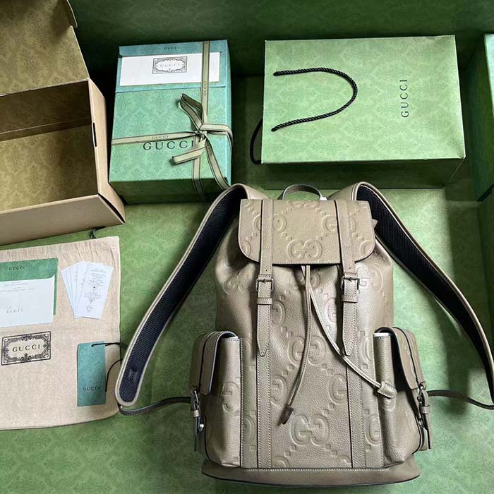 Gucci Unisex Jumbo GG Backpack Taupe Leather Cotton Linen