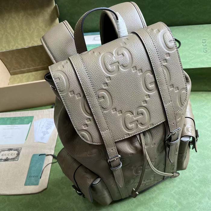 Gucci Unisex Jumbo GG Backpack Taupe Leather Cotton Linen