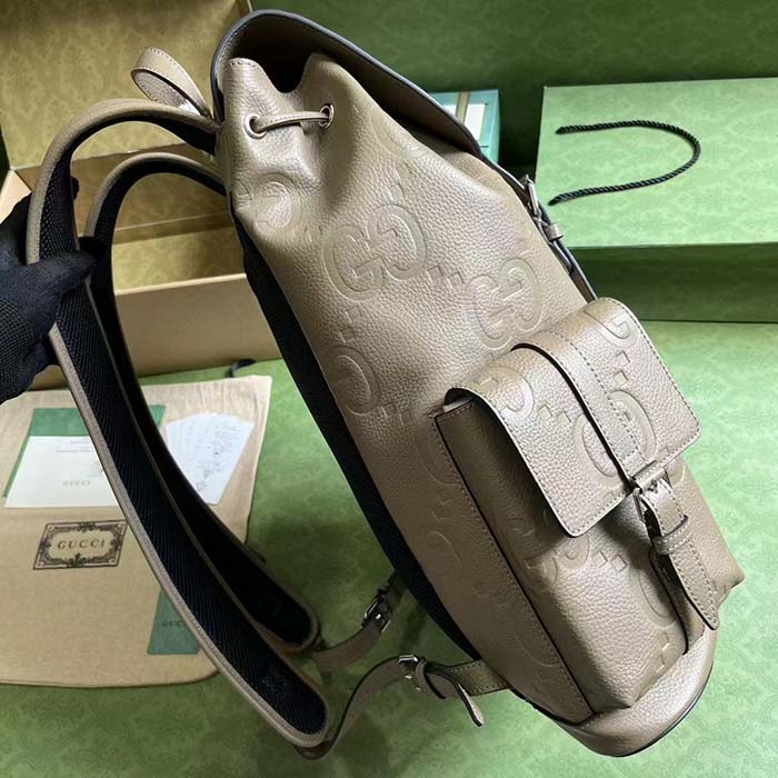 Gucci Unisex Jumbo GG Backpack Taupe Leather Cotton Linen