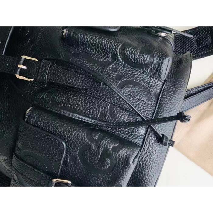Gucci Unisex Jumbo GG Small Backpack Black Leather Cotton Linen Lining