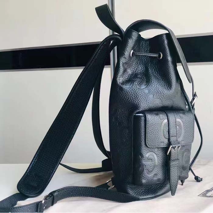 Gucci Unisex Jumbo GG Small Backpack Black Leather Cotton Linen Lining