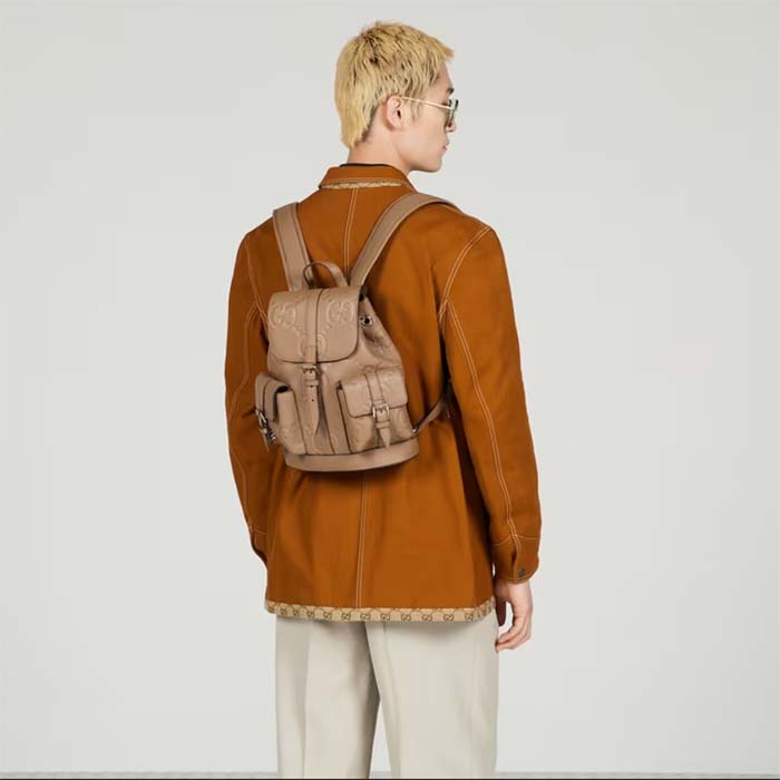 Gucci Unisex Jumbo GG Small Backpack Taupe Leather Cotton Linen Lining