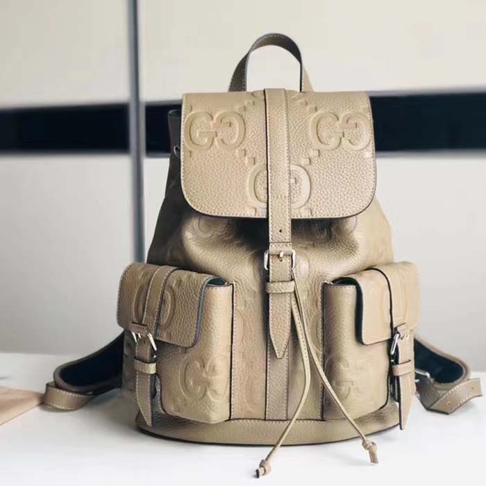 Gucci Unisex Jumbo GG Small Backpack Taupe Leather Cotton Linen Lining