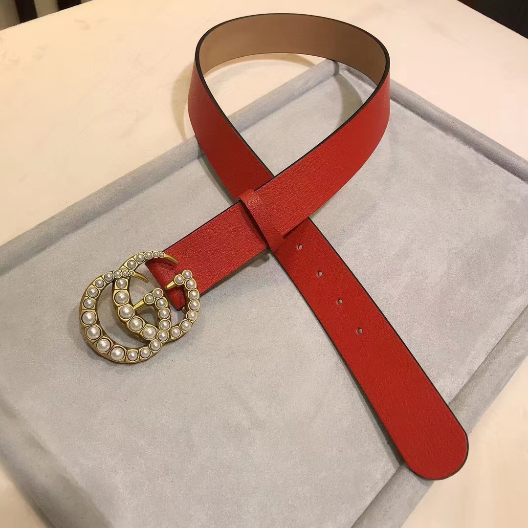 Gucci Unisex Leather Belt Pearl Double G Red 3.8 CM Width