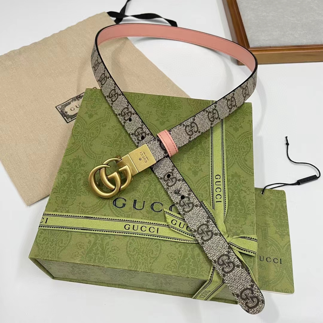 Gucci Unisex Marmont Reversible Thin Belt Beige Ebony GG Supreme Canvas