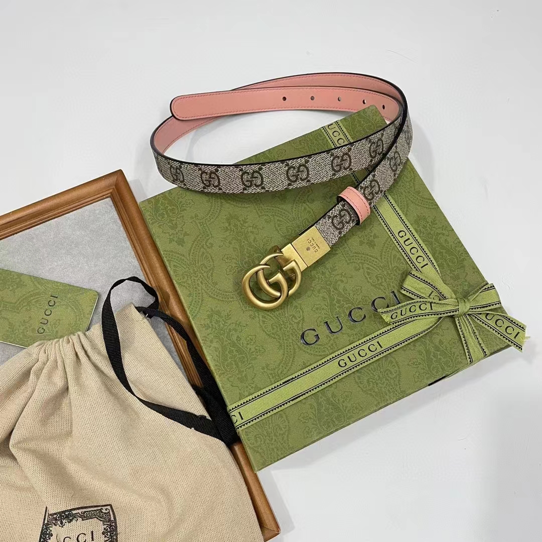 Gucci Unisex Marmont Reversible Thin Belt Beige Ebony GG Supreme Canvas
