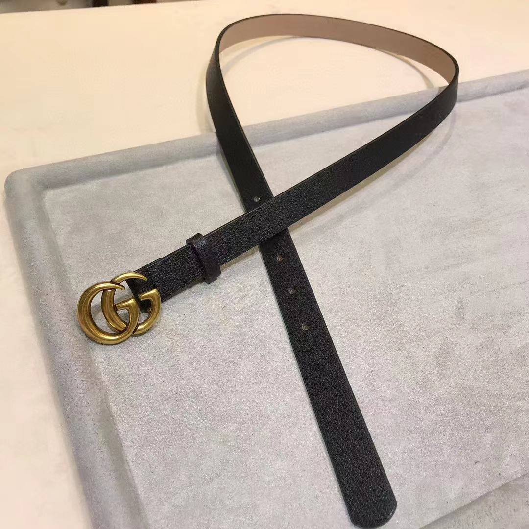 Gucci Unisex Marmont Reversible Thin Belt Black Leather Double G Buckle