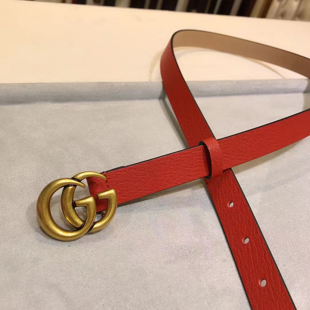 Gucci Unisex Marmont Reversible Thin Belt Red Leather Double G Buckle