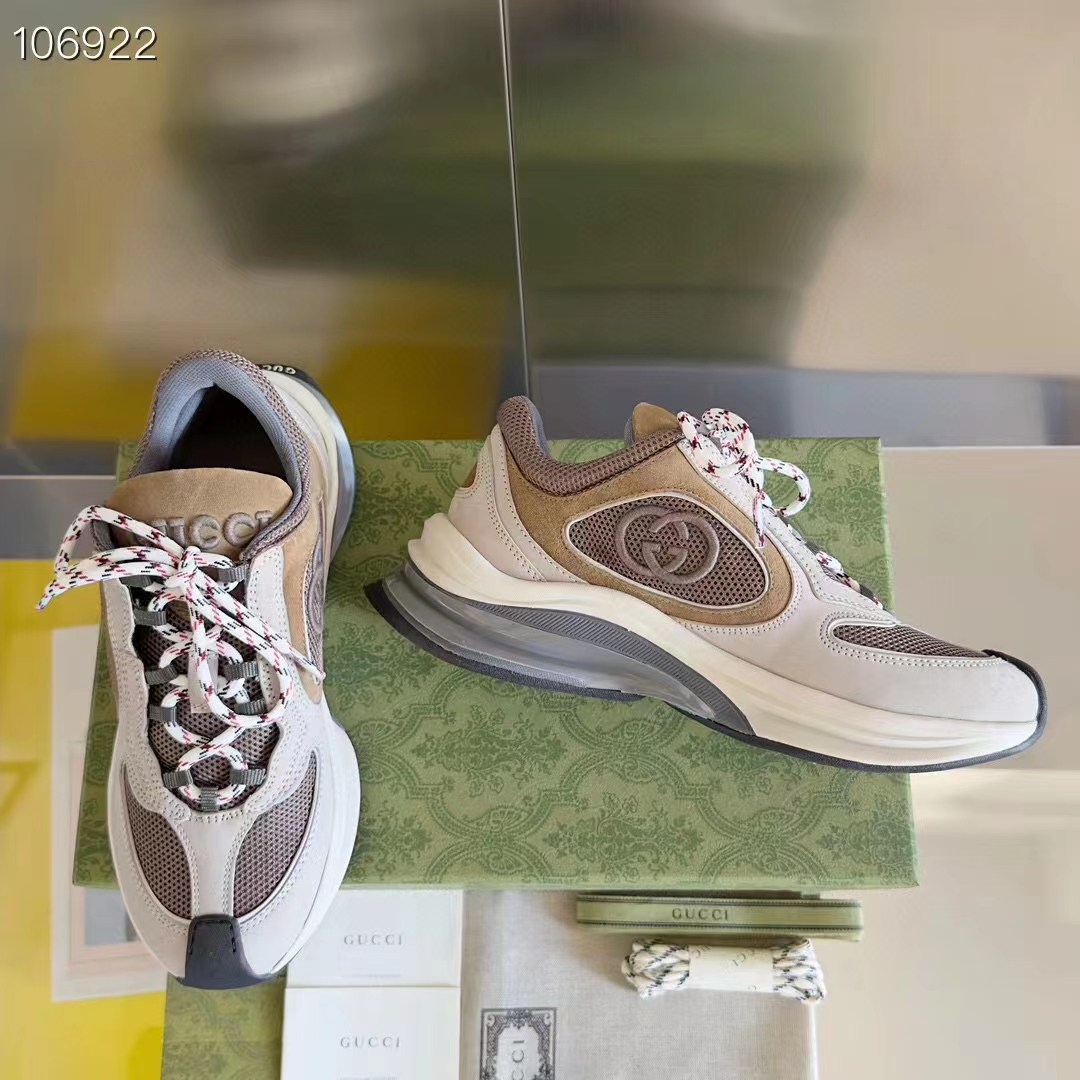 Gucci Unisex Run Sneaker Grey Brown Suede Interlocking G Bi-Color Rubbe Low Heel