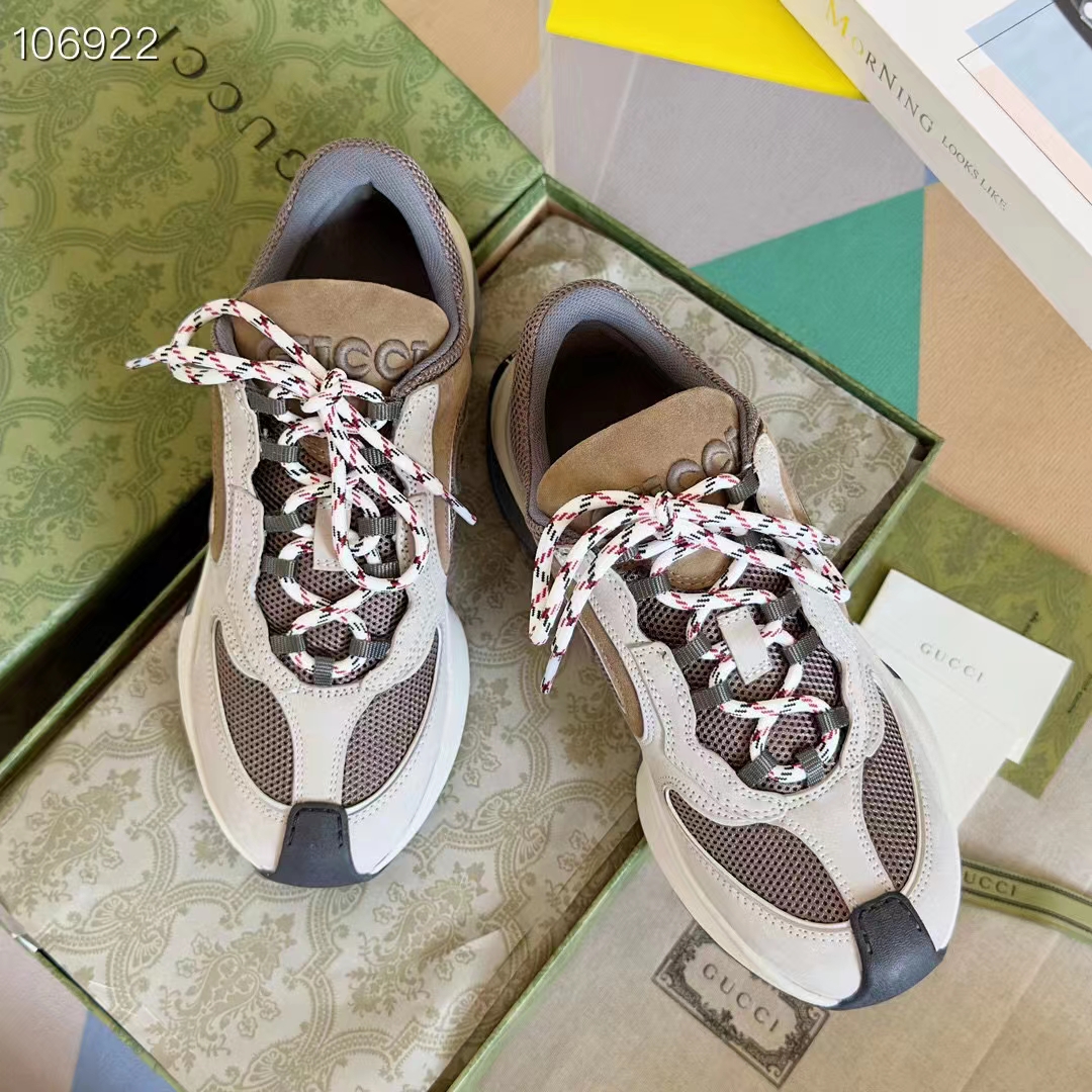 Gucci Unisex Run Sneaker Grey Brown Suede Interlocking G Bi-Color Rubbe Low Heel