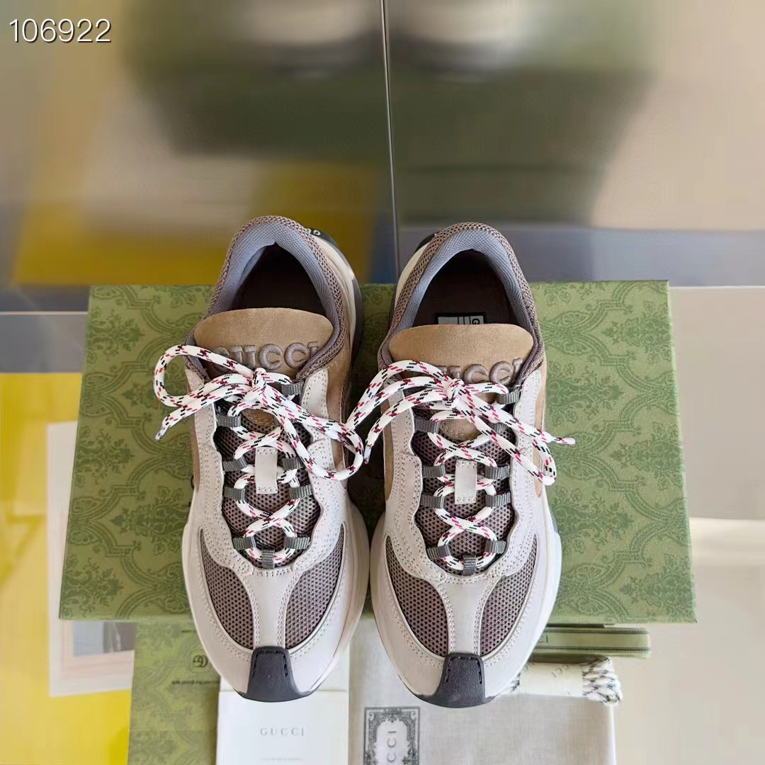 Gucci Unisex Run Sneaker Grey Brown Suede Interlocking G Bi-Color Rubbe Low Heel