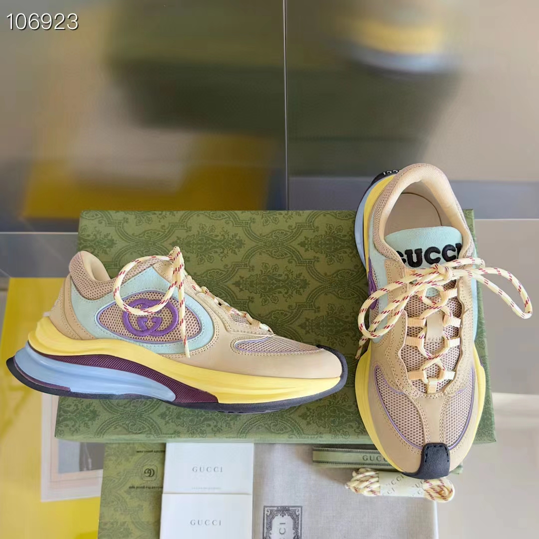 Gucci Unisex Run Sneaker Yellow Suede Interlocking G Bi-Color Rubbe Low Heel