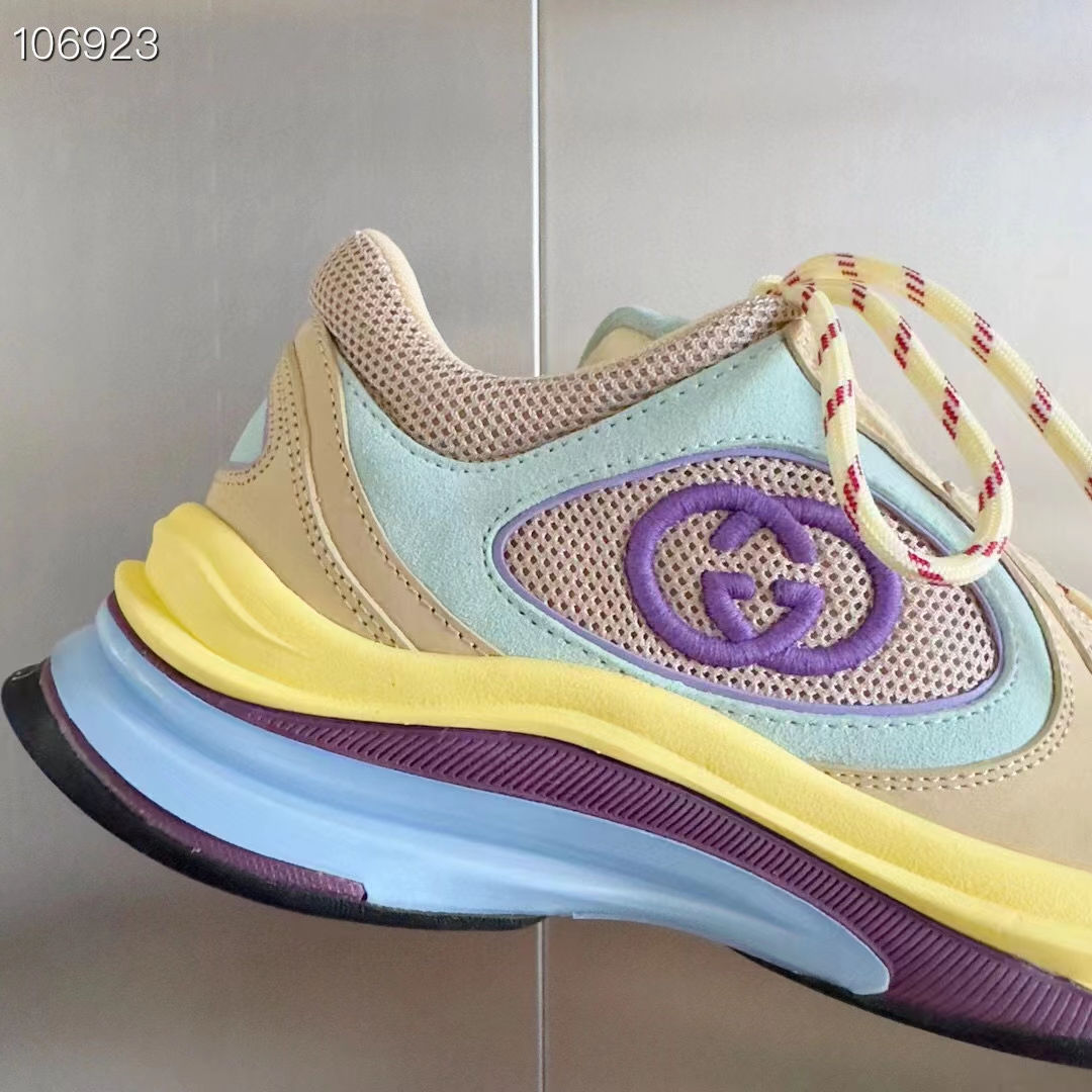 Gucci Unisex Run Sneaker Yellow Suede Interlocking G Bi-Color Rubbe Low Heel
