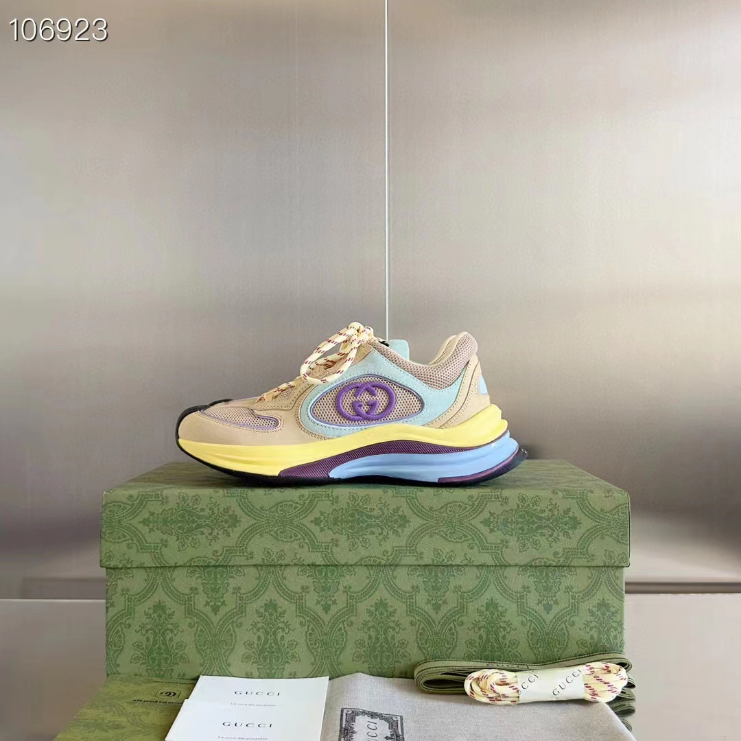 Gucci Unisex Run Sneaker Yellow Suede Interlocking G Bi-Color Rubbe Low Heel