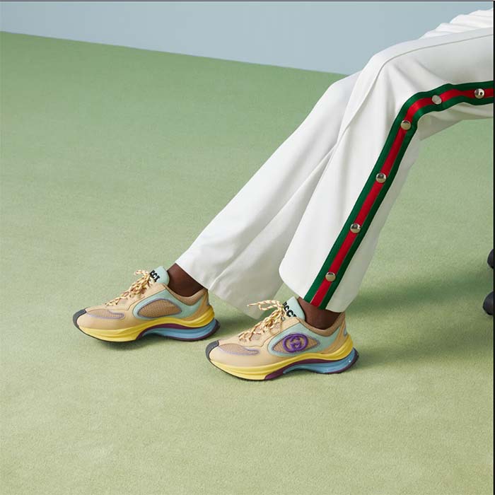 Gucci Unisex Run Sneaker Yellow Suede Interlocking G Bi-Color Rubbe Low Heel