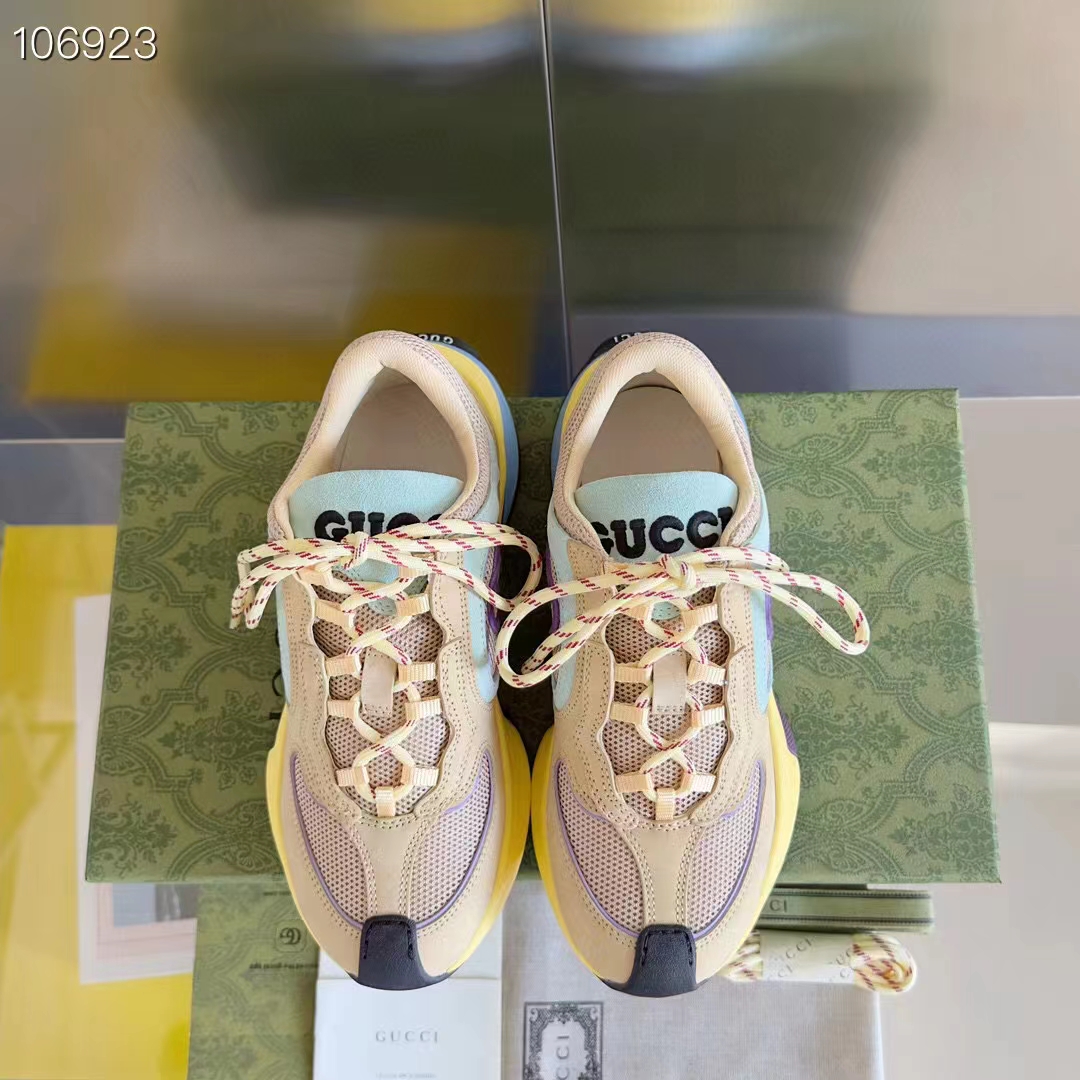 Gucci Unisex Run Sneaker Yellow Suede Interlocking G Bi-Color Rubbe Low Heel