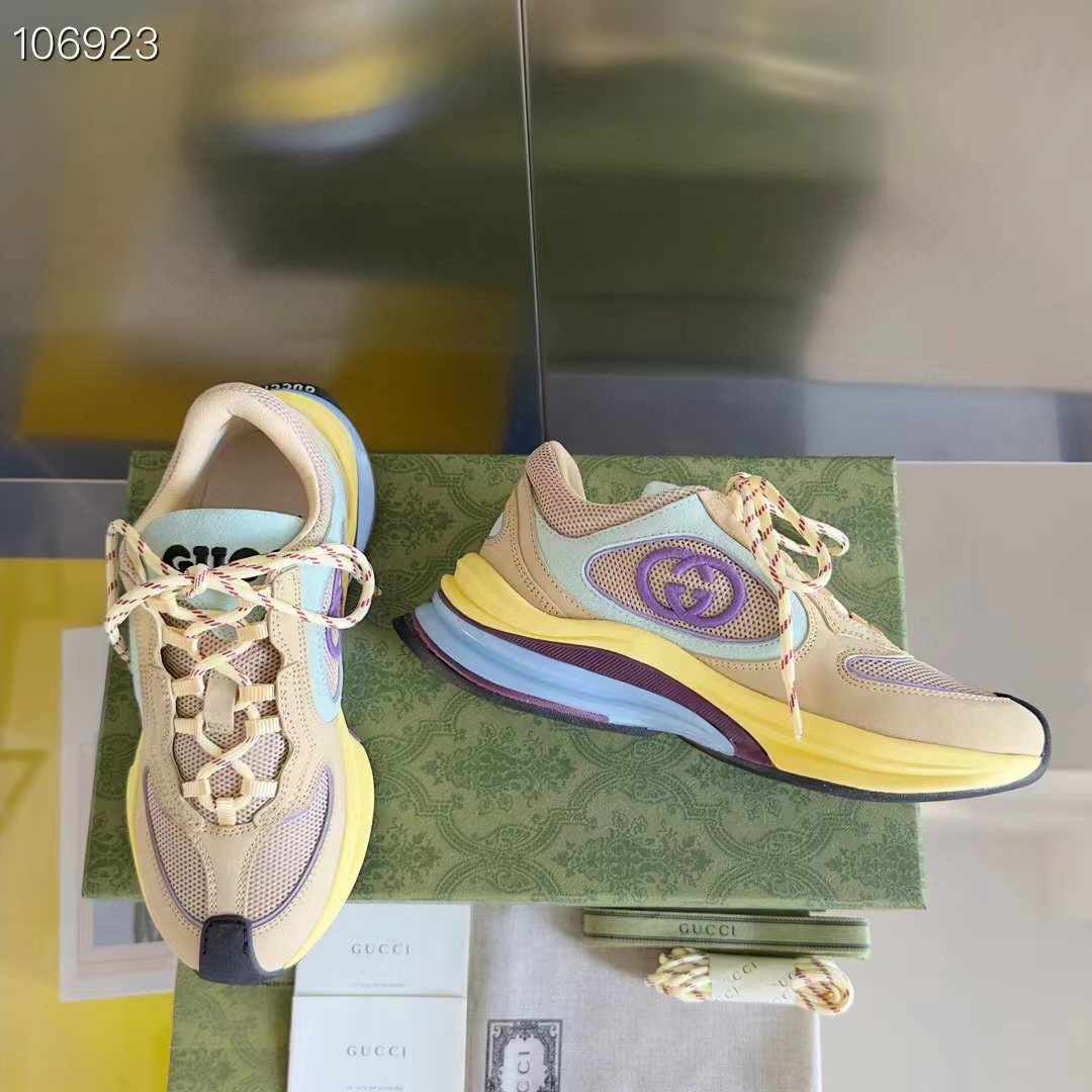 Gucci Unisex Run Sneaker Yellow Suede Interlocking G Bi-Color Rubbe Low Heel