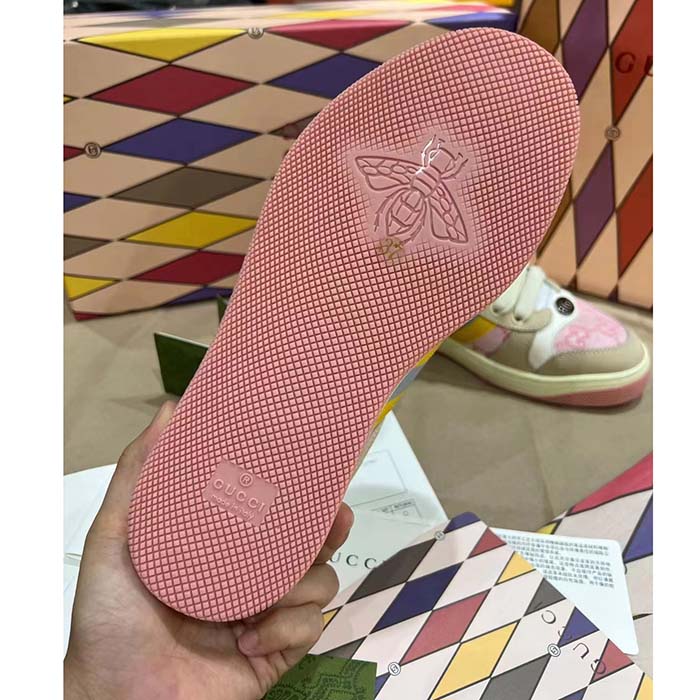 Gucci Unisex Screener GG Sneaker Light Pink Canvas Beige Suede Bi-Color Rubber Flat