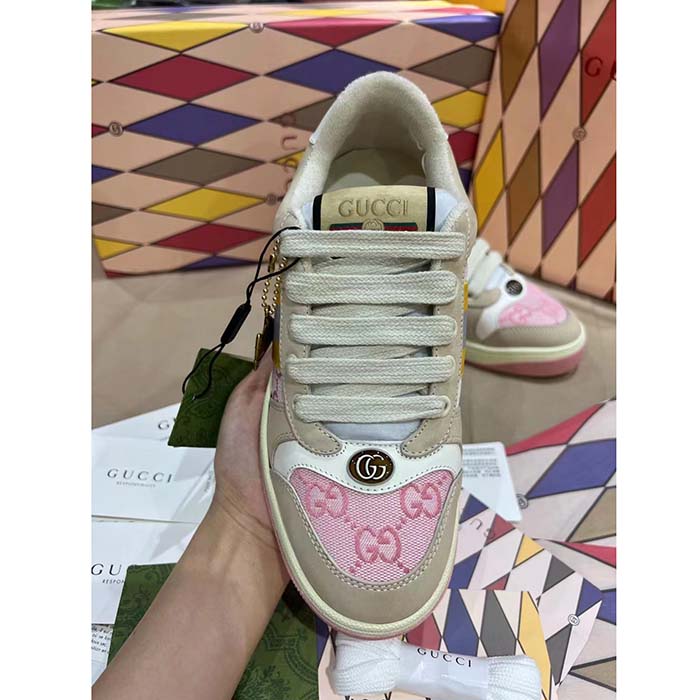 Gucci Unisex Screener GG Sneaker Light Pink Canvas Beige Suede Bi-Color Rubber Flat