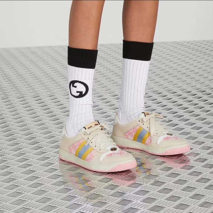 Gucci Unisex Screener GG Sneaker Light Pink Canvas Beige Suede Bi-Color Rubber Flat