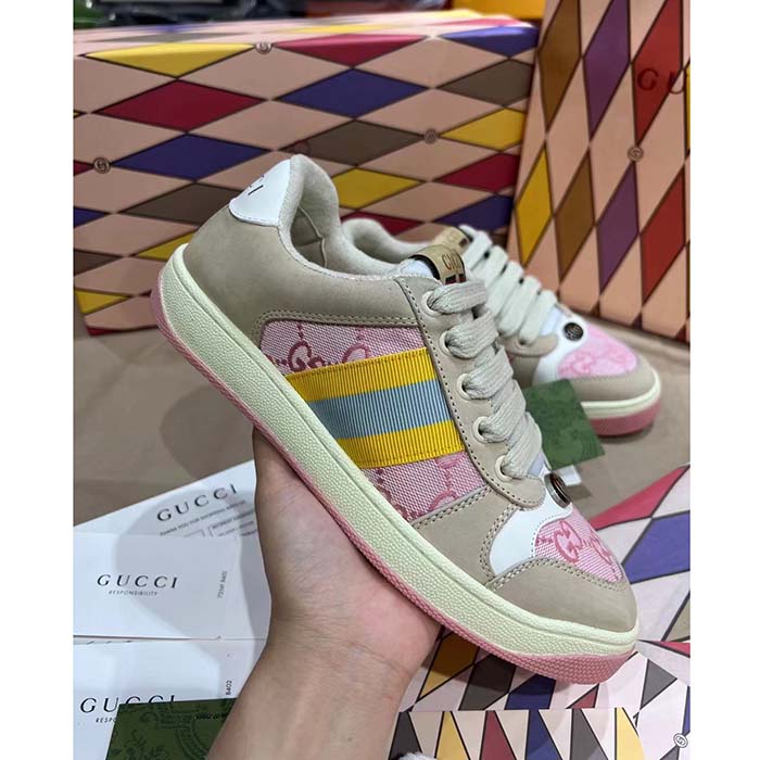 Gucci Unisex Screener GG Sneaker Light Pink Canvas Beige Suede Bi-Color Rubber Flat