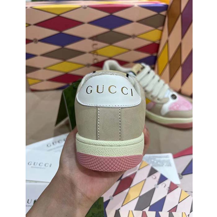 Gucci Unisex Screener GG Sneaker Light Pink Canvas Beige Suede Bi-Color Rubber Flat