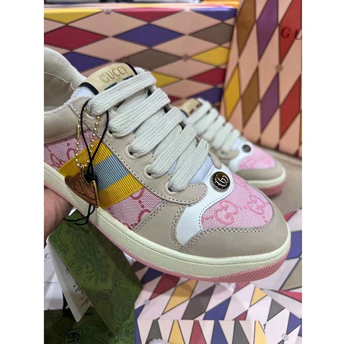 Gucci Unisex Screener GG Sneaker Light Pink Canvas Beige Suede Bi-Color Rubber Flat