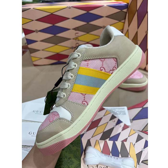Gucci Unisex Screener GG Sneaker Light Pink Canvas Beige Suede Bi-Color Rubber Flat