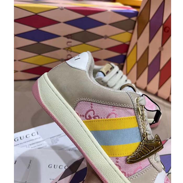 Gucci Unisex Screener GG Sneaker Light Pink Canvas Beige Suede Bi-Color Rubber Flat