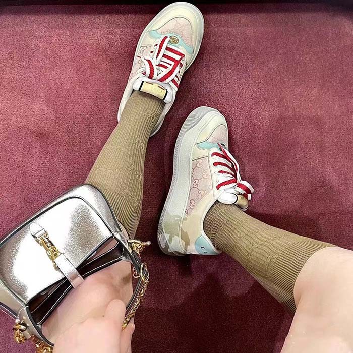 Gucci Unisex Screener Sneaker Pink GG Canvas Bi-Color Chunky Laces