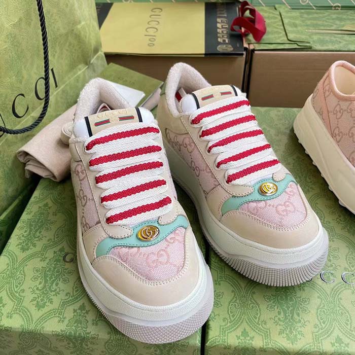 Gucci Unisex Screener Sneaker Pink GG Canvas Bi-Color Chunky Laces